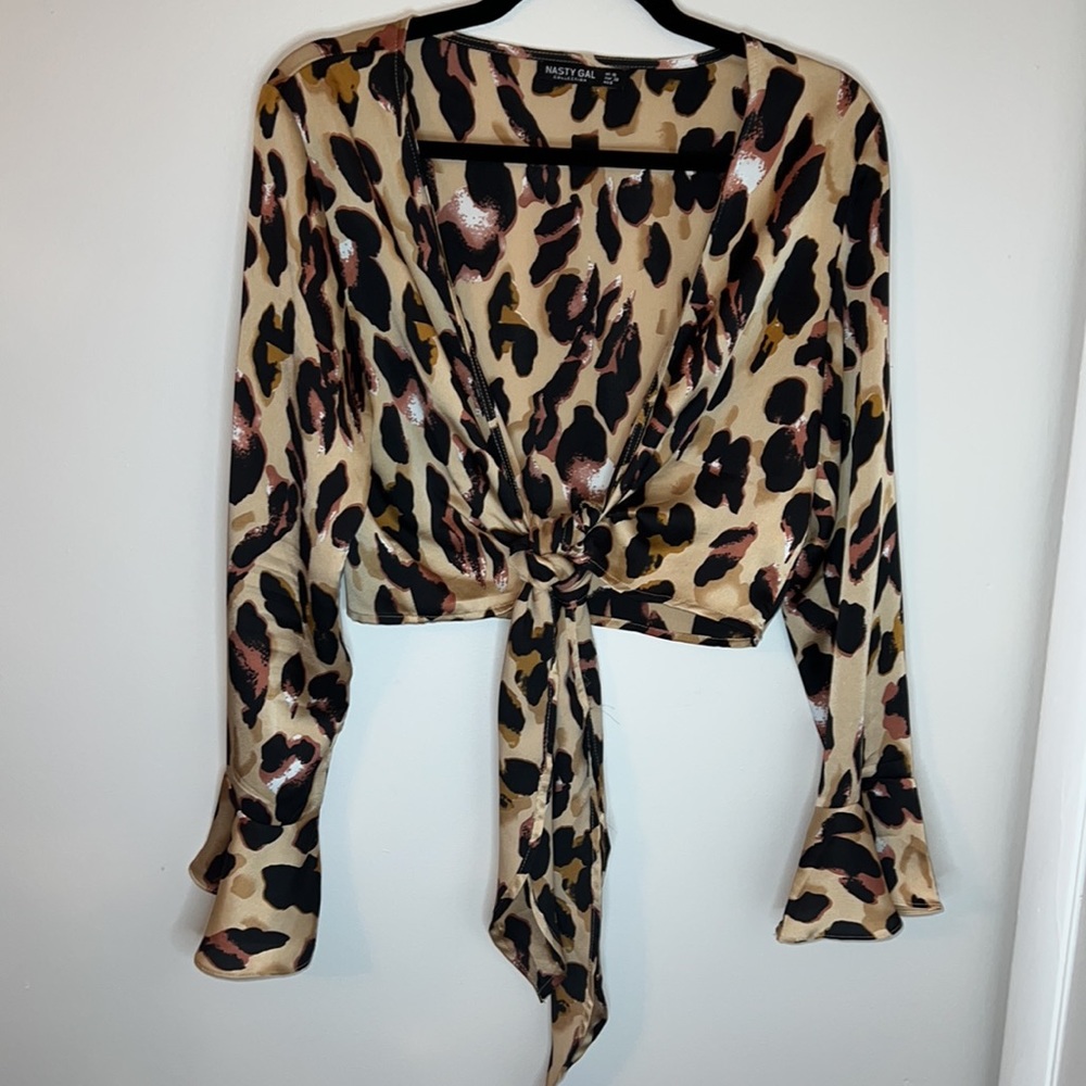 Nasty Gal Cheetah Silk Wrap Top